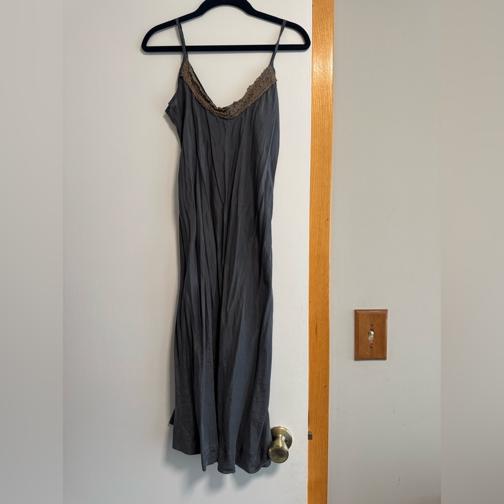 Johnny Was Grey Slip Dress with Lace Trim